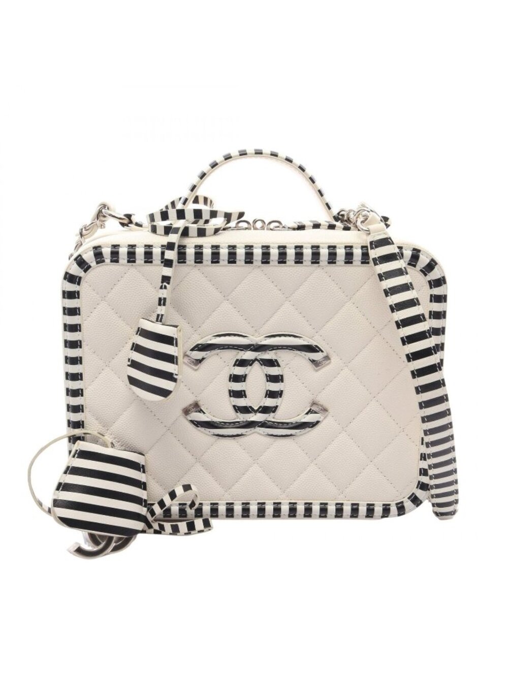 Chanel Shoulder Bag CC Filigree Vanity 2-Way White Black Leather CC Quilted